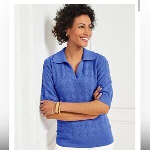 Talbots Petite Medium Blue Knit Pointelle Polo Top Johnny Collar preppy textured